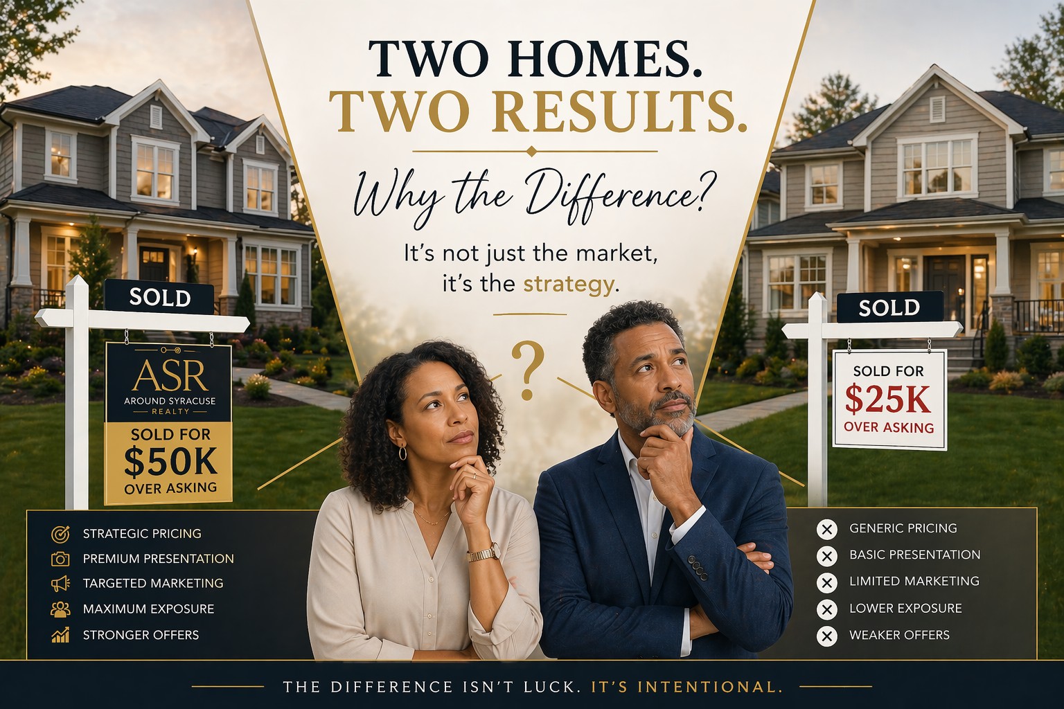 Comparison of two similar homes with different sale results, featuring a couple evaluating why one home sold for more than the other in a competitive real estate market