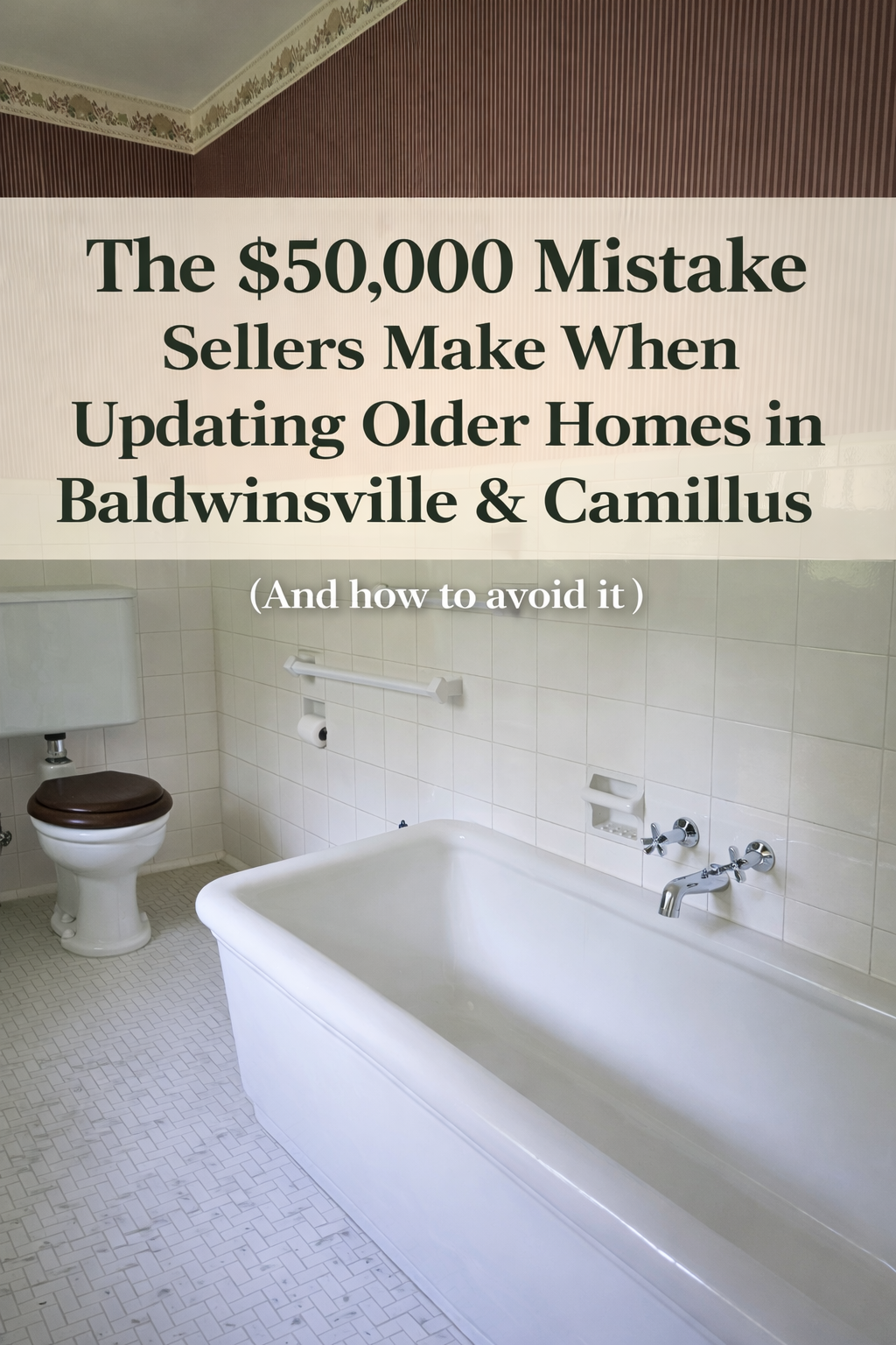 Vintage bathroom in Baldwinsville NY showcasing original tile, clawfoot tub, and classic fixtures in an older home