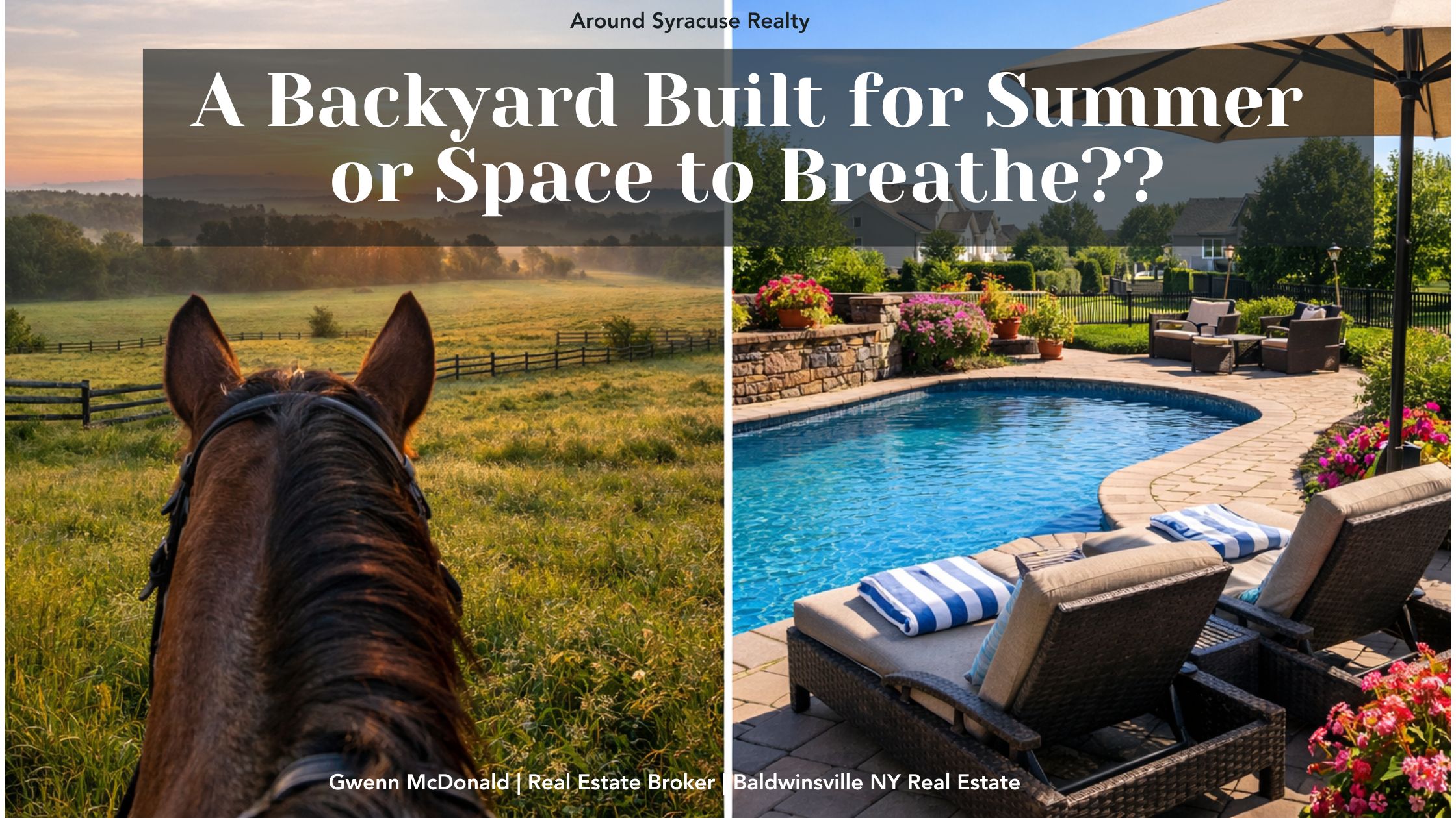 Split-screen image showing a view from horseback over green fields at sunrise on one side, and a landscaped backyard with an inground pool in a suburban neighborhood on the other.