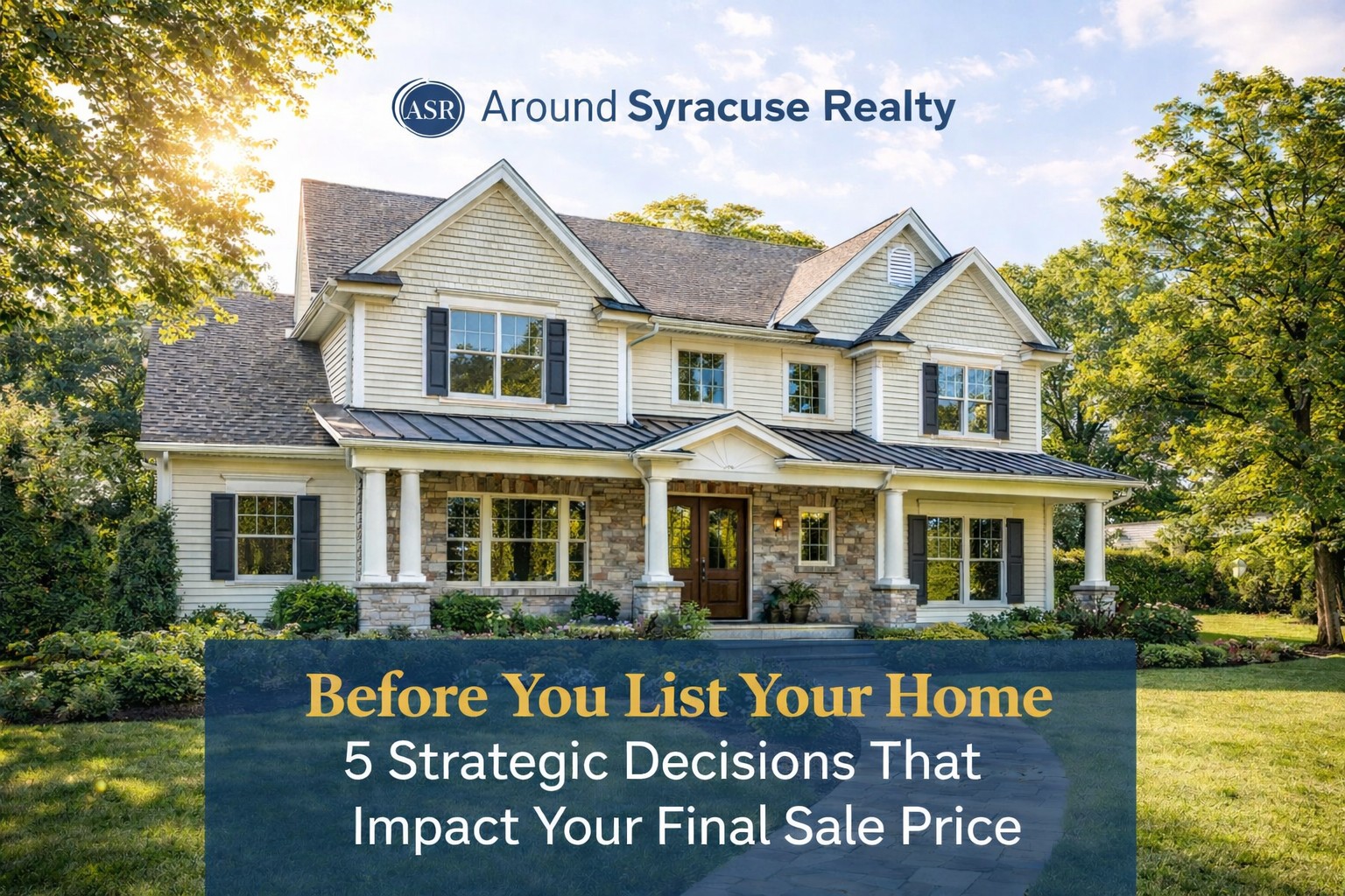 Bright daytime image of an upscale Central New York home with clean landscaping and walkway representing pre-listing strategy before selling a home