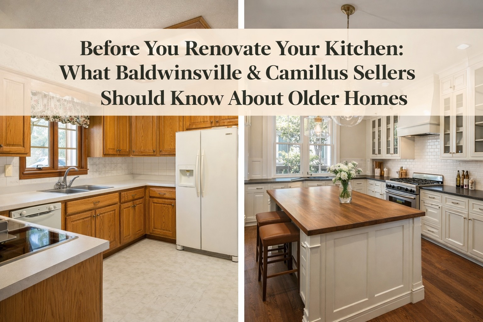 Side-by-side kitchen comparison showing 1980s oak cabinets versus updated older home kitchen with tall cabinetry and island in Baldwinsville NY