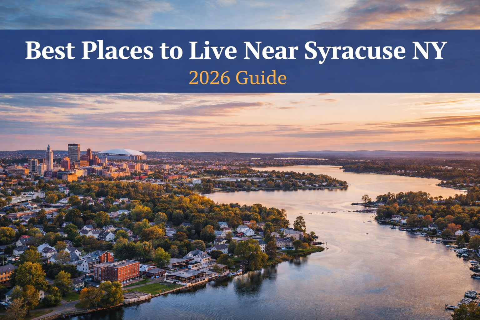 Aerial view of Syracuse NY and surrounding waterfront communities highlighting the best places to live near Syracuse in 2026