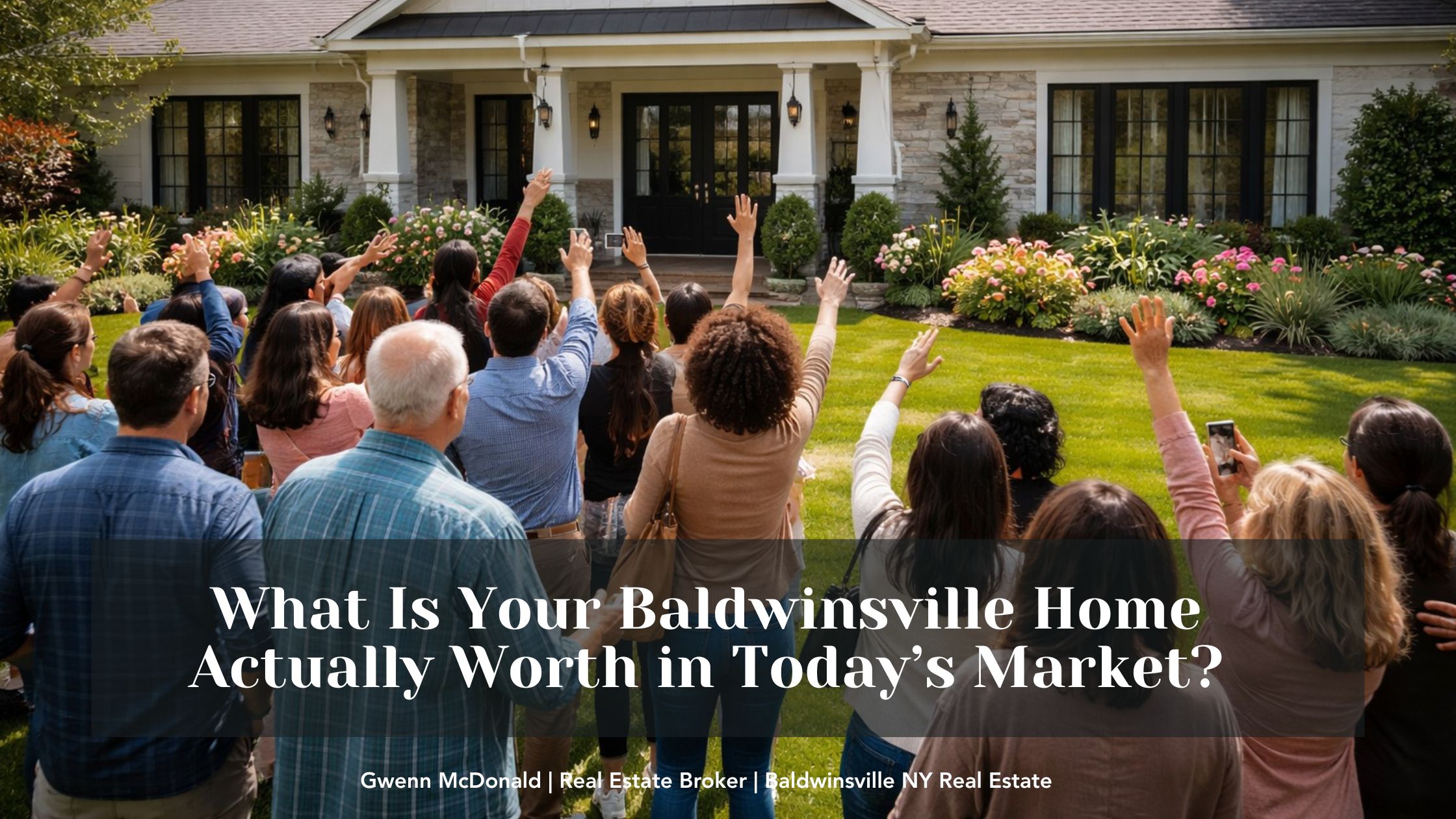 Crowd of eager homebuyers gathered outside a beautifully landscaped ranch-style home in Baldwinsville, NY, raising their hands to view the property