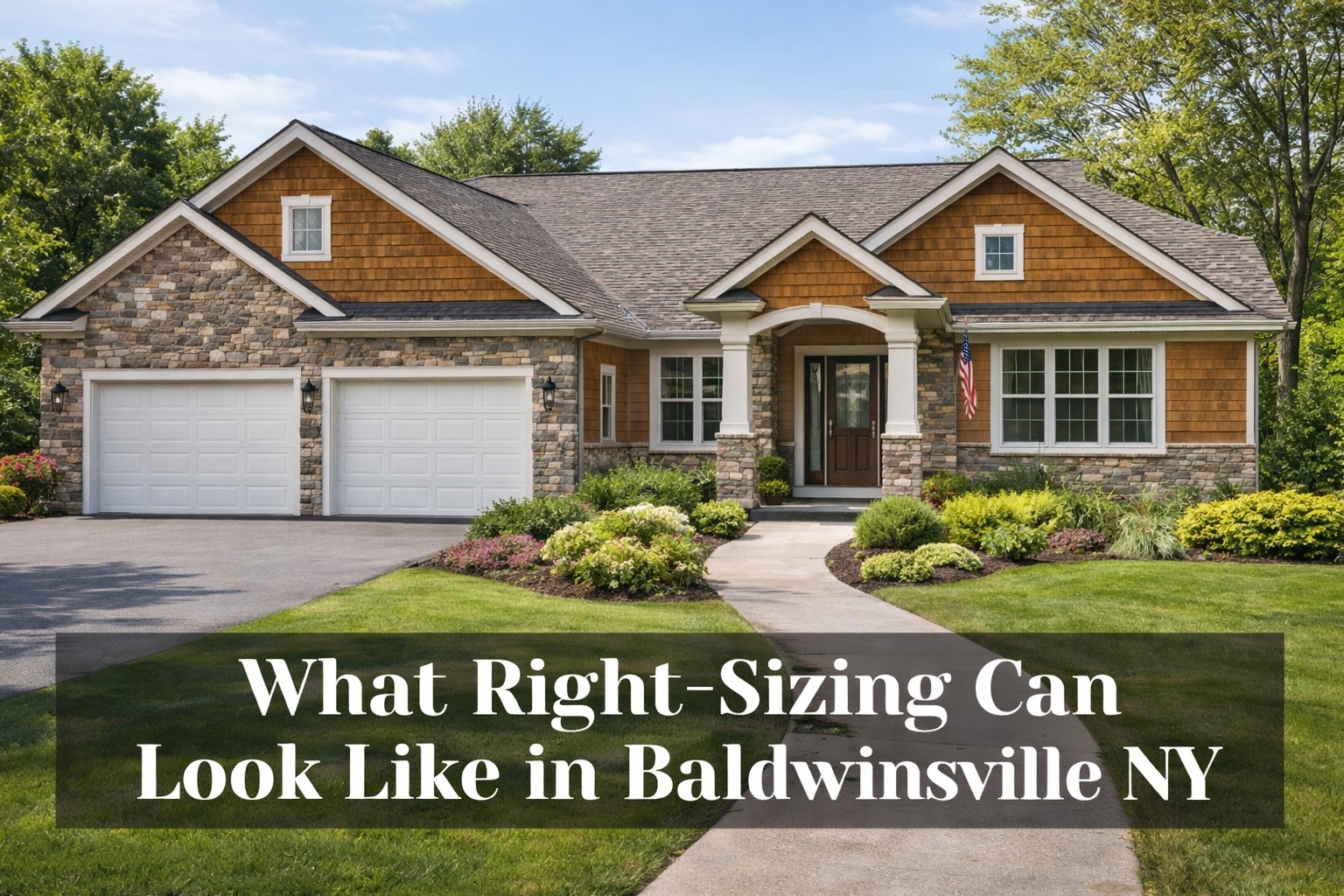 Large ranch home in Baldwinsville NY with stone and cedar accents featuring the text “What Right-Sizing Can Look Like in Baldwinsville NY.”