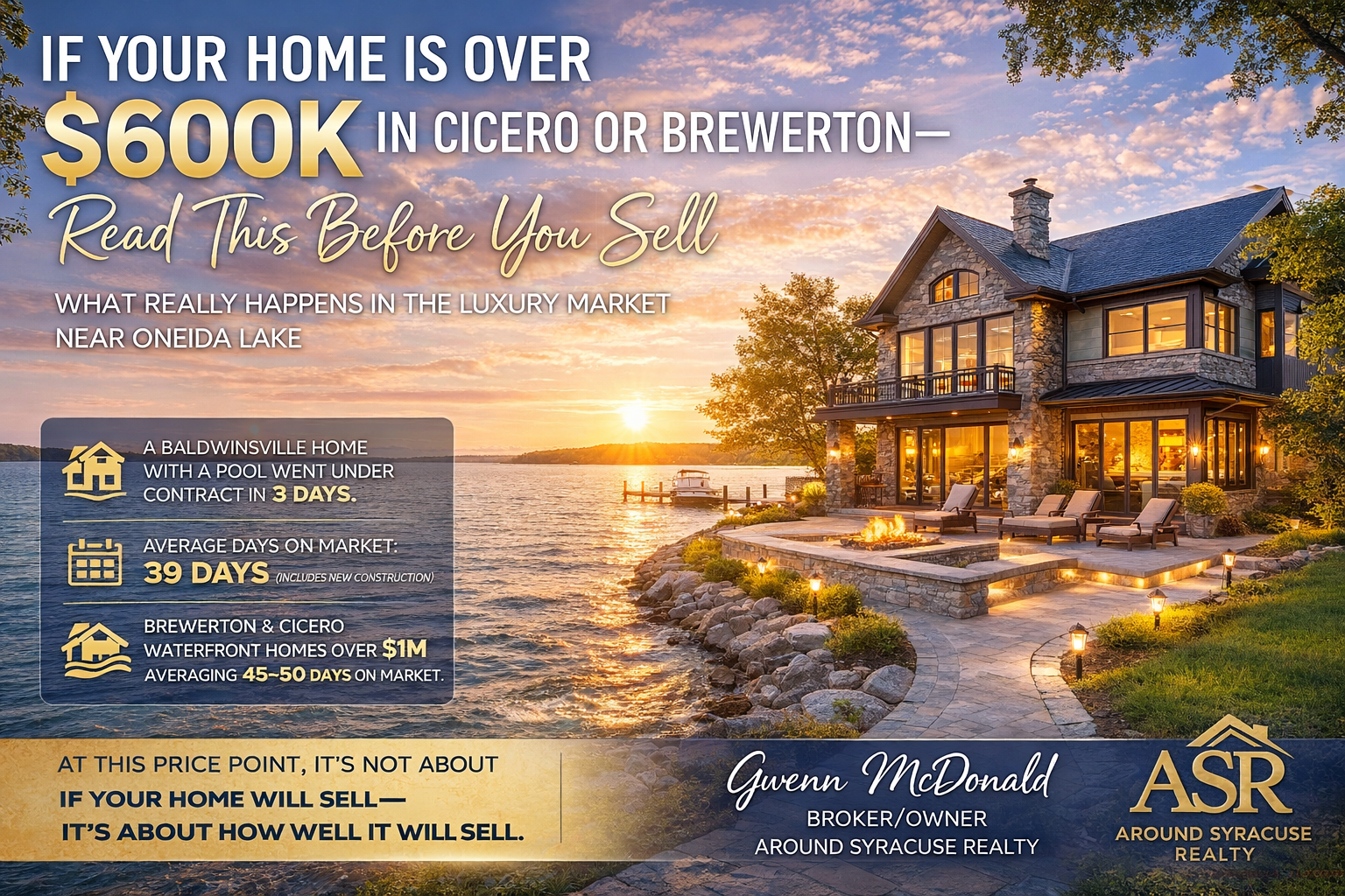 Luxury waterfront home on Oneida Lake in Cicero NY at sunset with modern exterior and outdoor living space, representing high-end real estate in the Brewerton and Cicero market