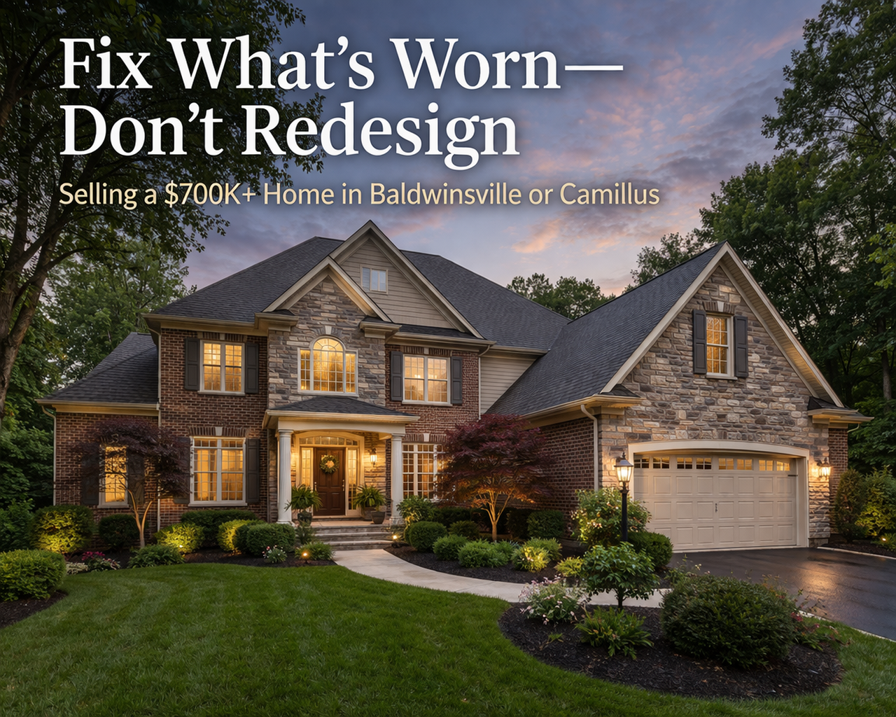 Upscale Baldwinsville NY home with mature landscaping representing a well-maintained resale property in the $700K market