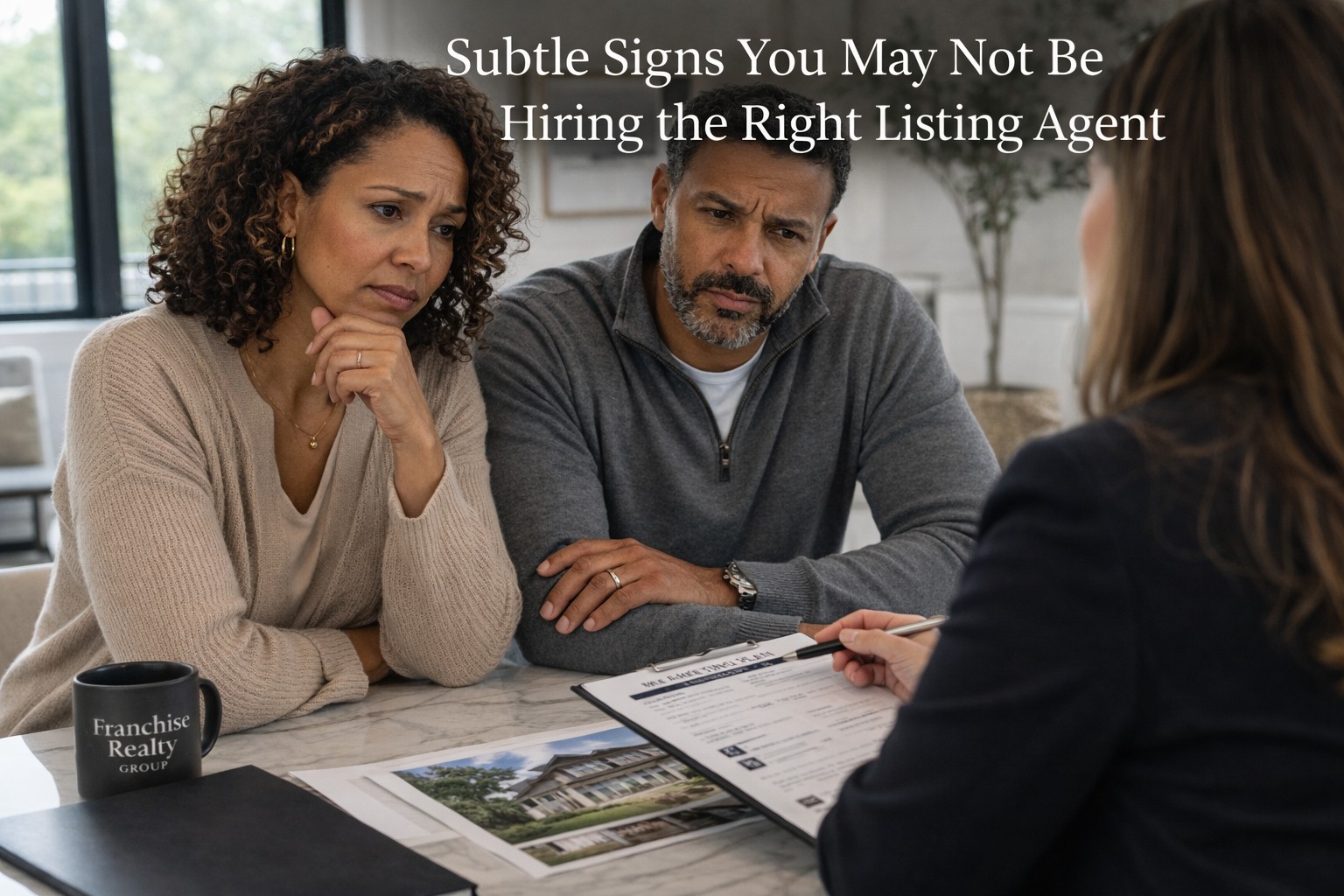 couple looking concerned during a meeting with a real estate agent reviewing a home listing strategy