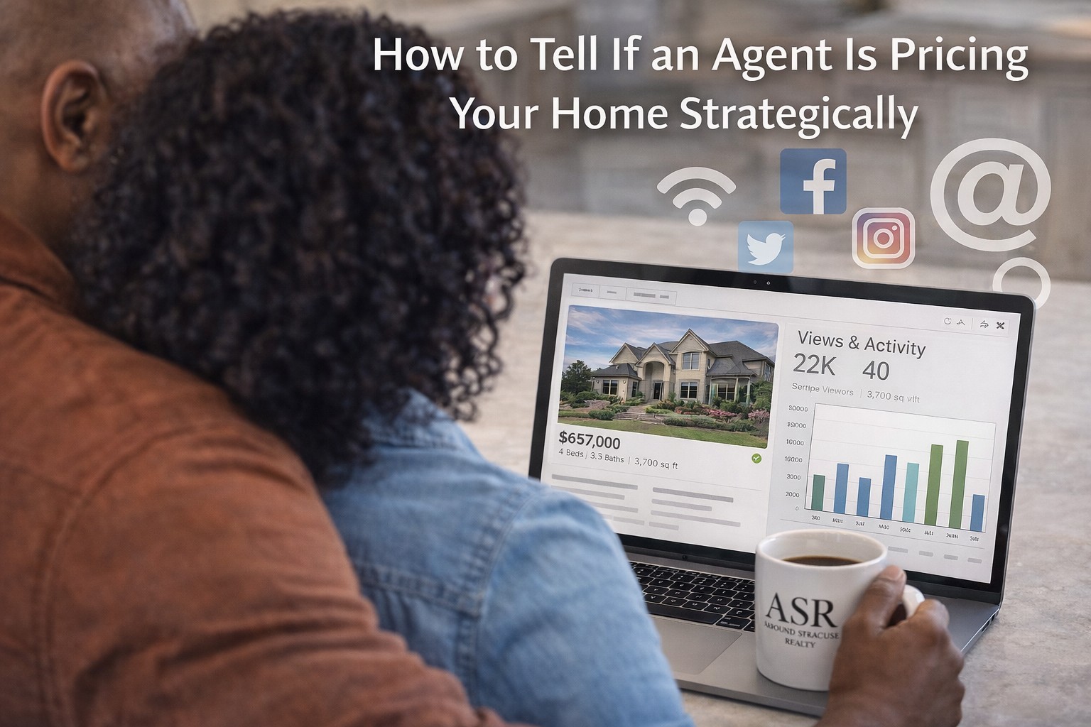 Couple reviewing their home listing performance on a laptop, showing pricing strategy, views, and activity data