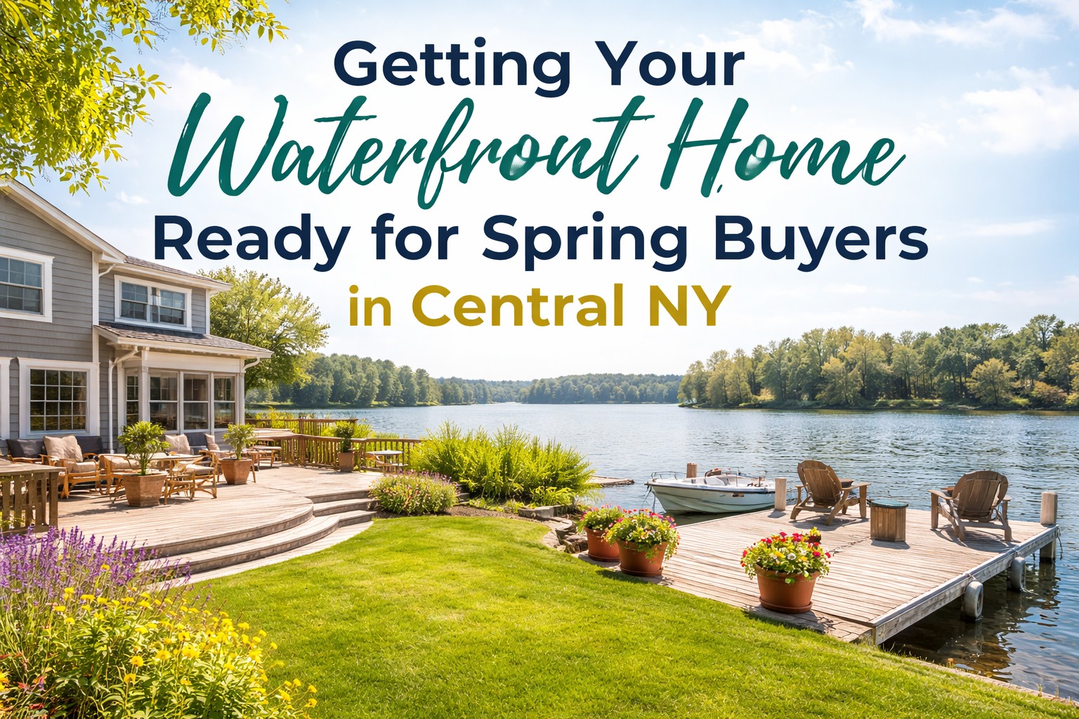 Central New York waterfront home with dock, patio, and landscaped yard prepared for spring buyers
