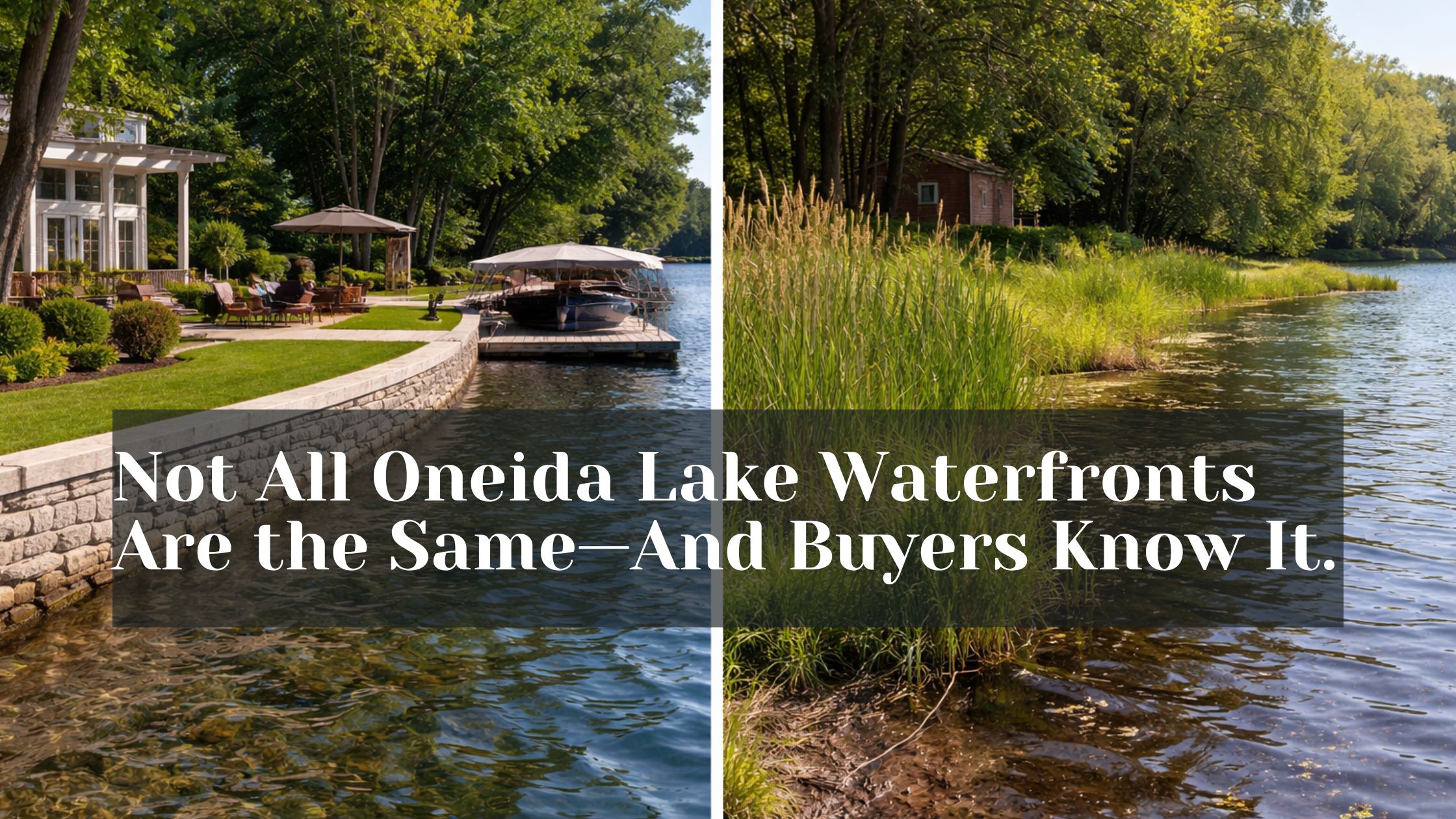 Side-by-side comparison of Oneida Lake waterfront properties showing a retaining wall with dock and a natural shoreline with cattails and no dock