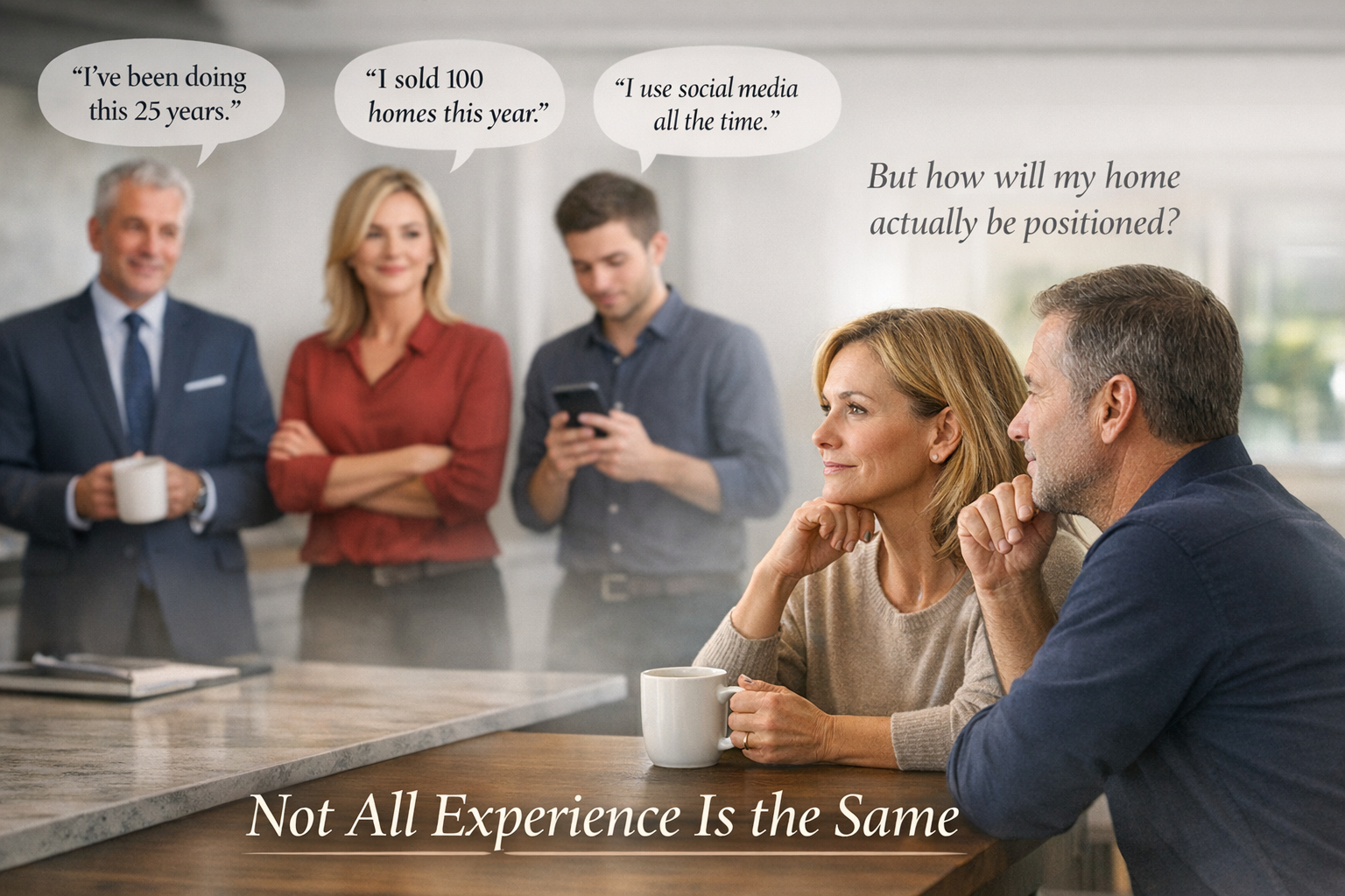 A couple thoughtfully evaluating three real estate agents, each presenting different approaches such as years of experience, high sales volume, and social media use, highlighting the importance of strategy when selling a home.