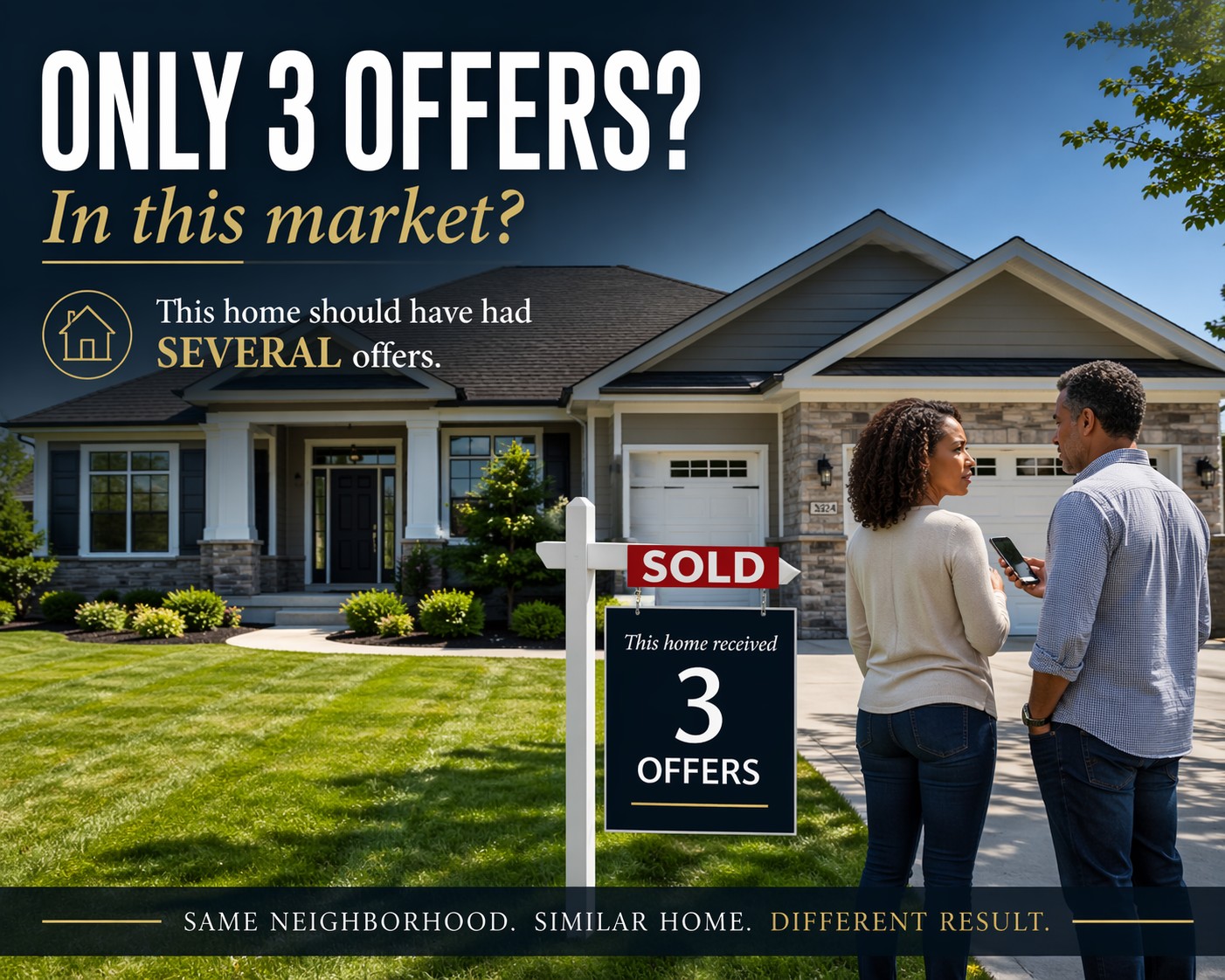 Modern executive ranch home in Central New York with SOLD sign showing only 3 offers, highlighting how strategy impacts results in a seller’s market