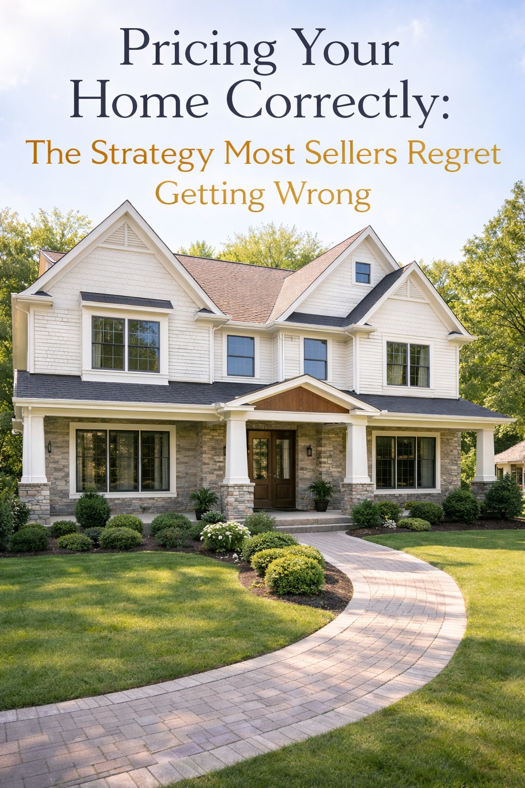 Upscale Central New York home with clean landscaping and curved walkway representing strategic home pricing and seller positioning