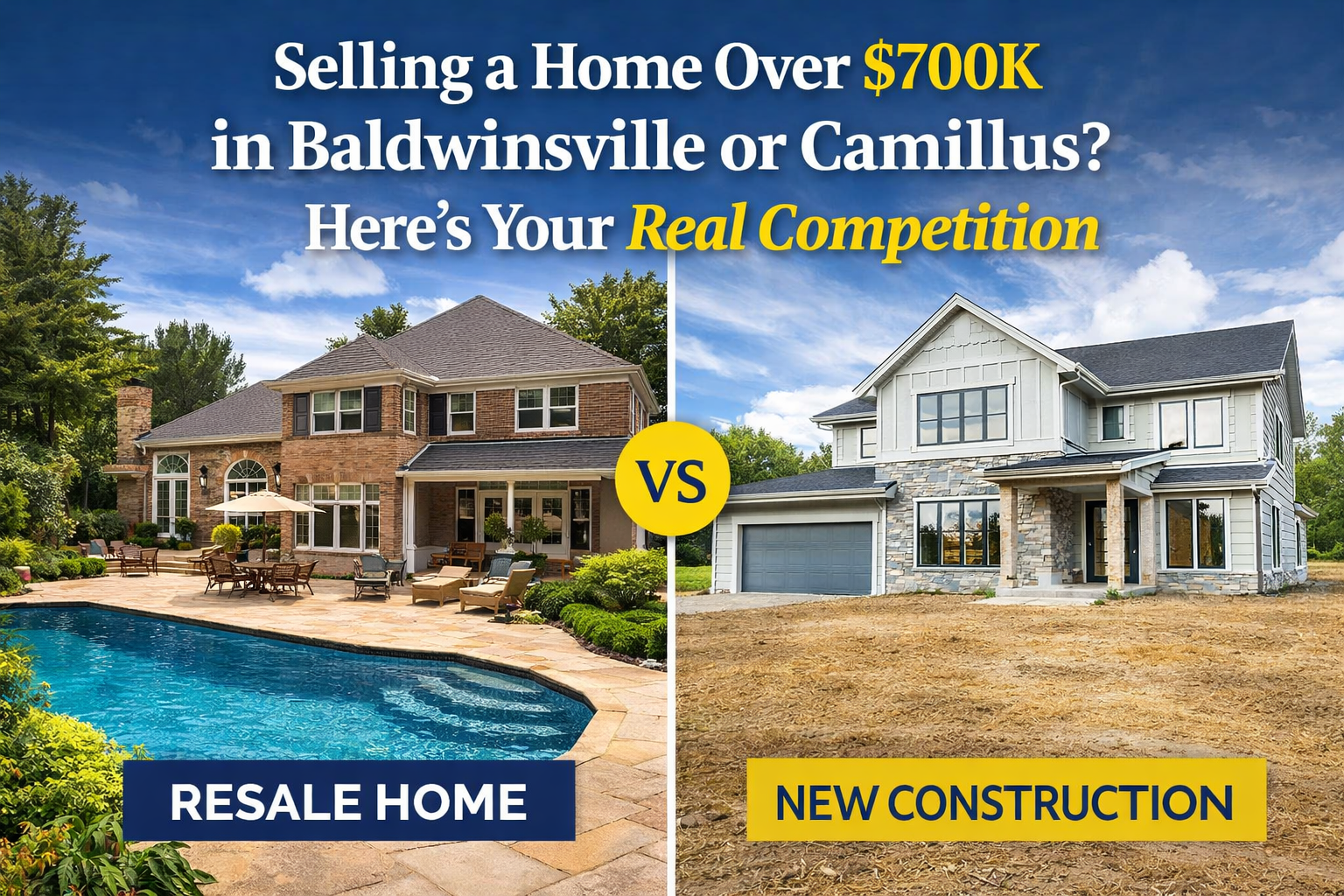 Comparison of resale home with pool and landscaping vs new construction home with unfinished dirt yard in Baldwinsville NYBaldwinsville Ny Home