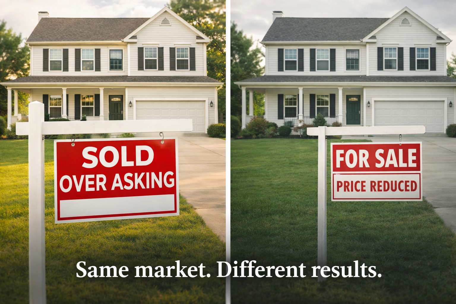 Side-by-side image of the same home showing one sold over asking and the other for sale with a price reduction, illustrating how pricing strategy impacts results in Central New York