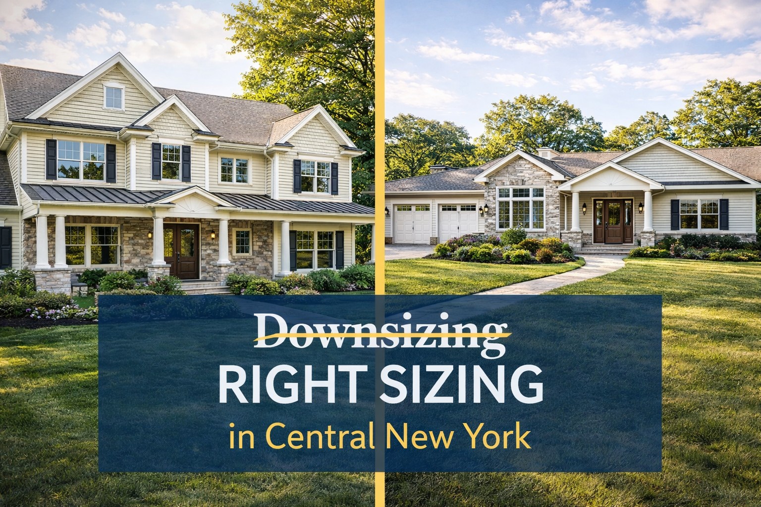 Split image showing a large colonial home and an upscale ranch in Central New York representing downsizing versus right-sizing lifestyle choices
