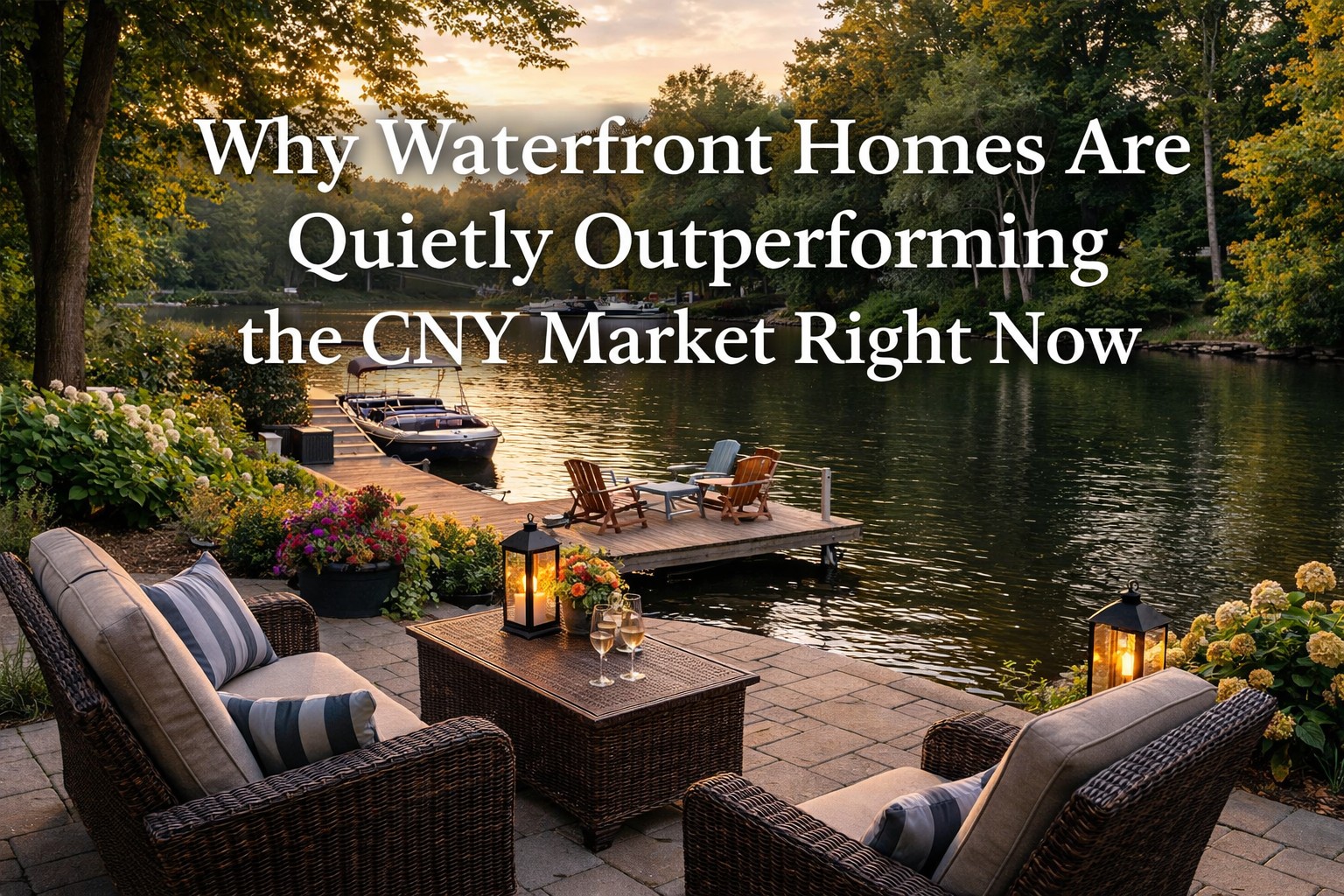 Riverfront patio overlooking a dock and calm water in Central New York with trees and sunset views