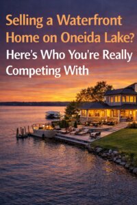 Luxury waterfront home on Oneida Lake in Brewerton NY at sunset with private dock and outdoor living space, representing high-end waterfront real estate