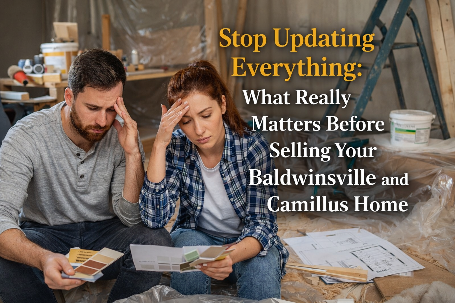 Couple overwhelmed during home renovation project deciding what to update before selling a home in Baldwinsville NY