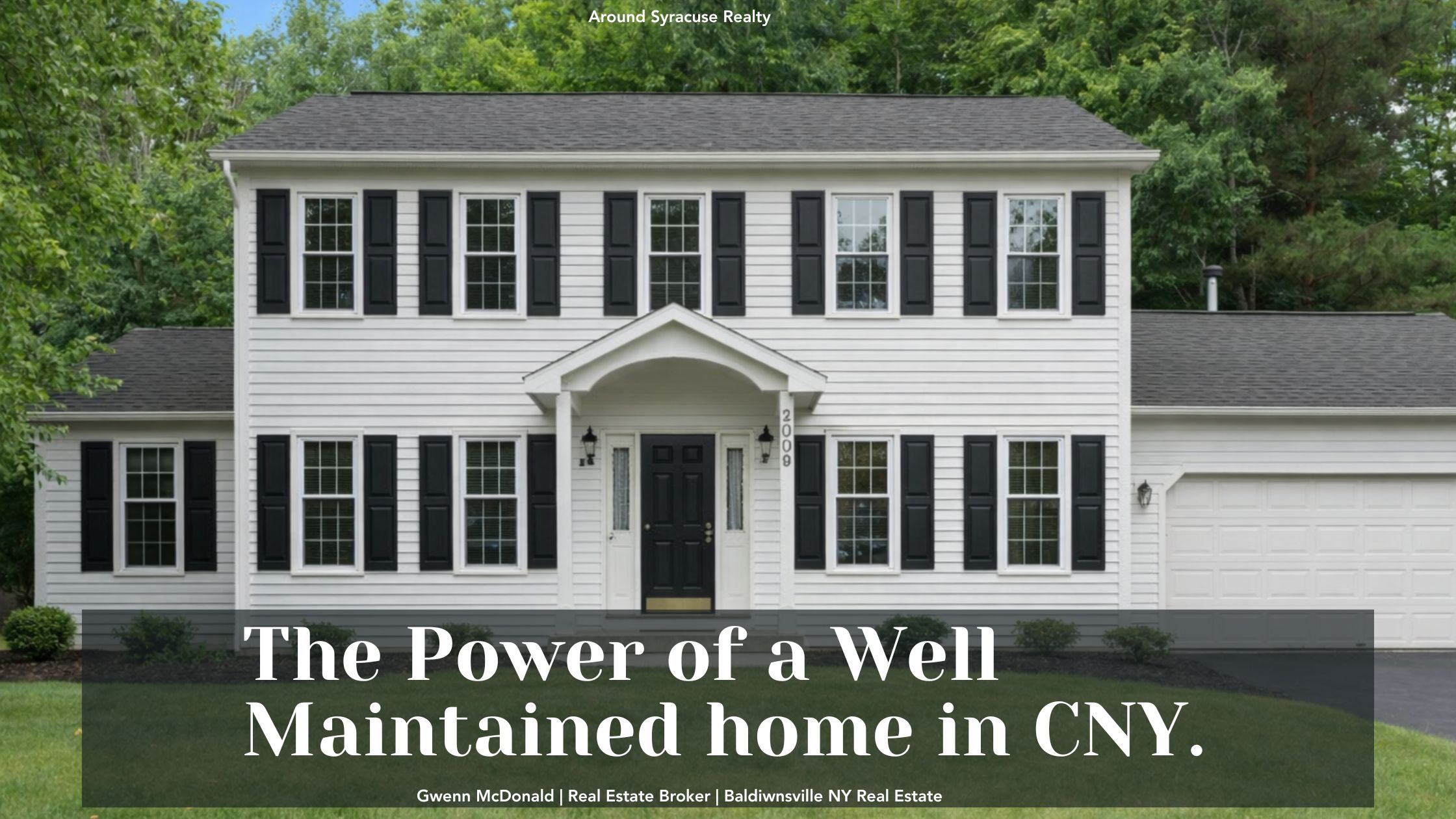 Well-maintained two-story colonial home in Central New York with clean siding, symmetrical windows, and simple landscaping