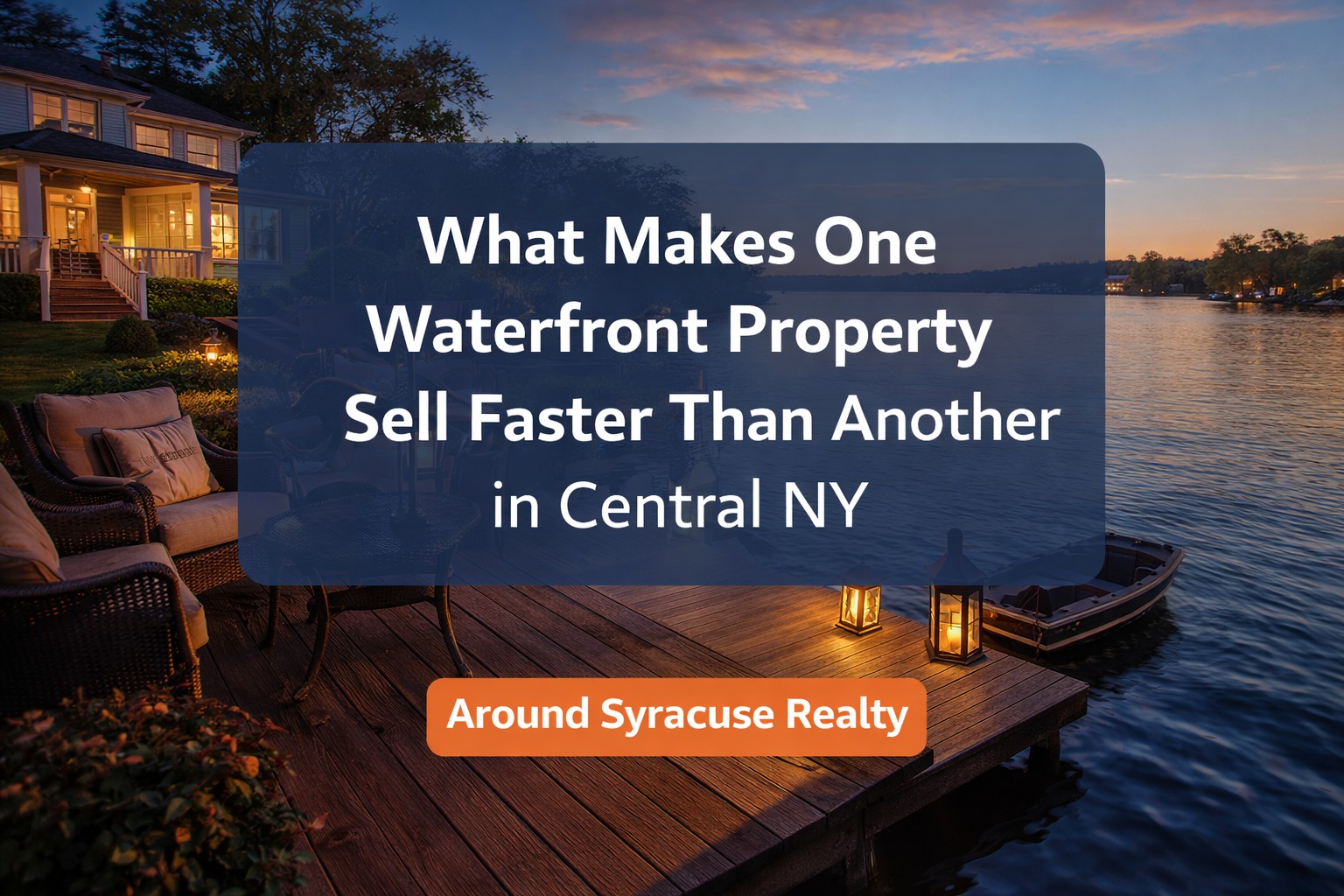 waterfront home in Central New York with dock, patio seating, and sunset water views