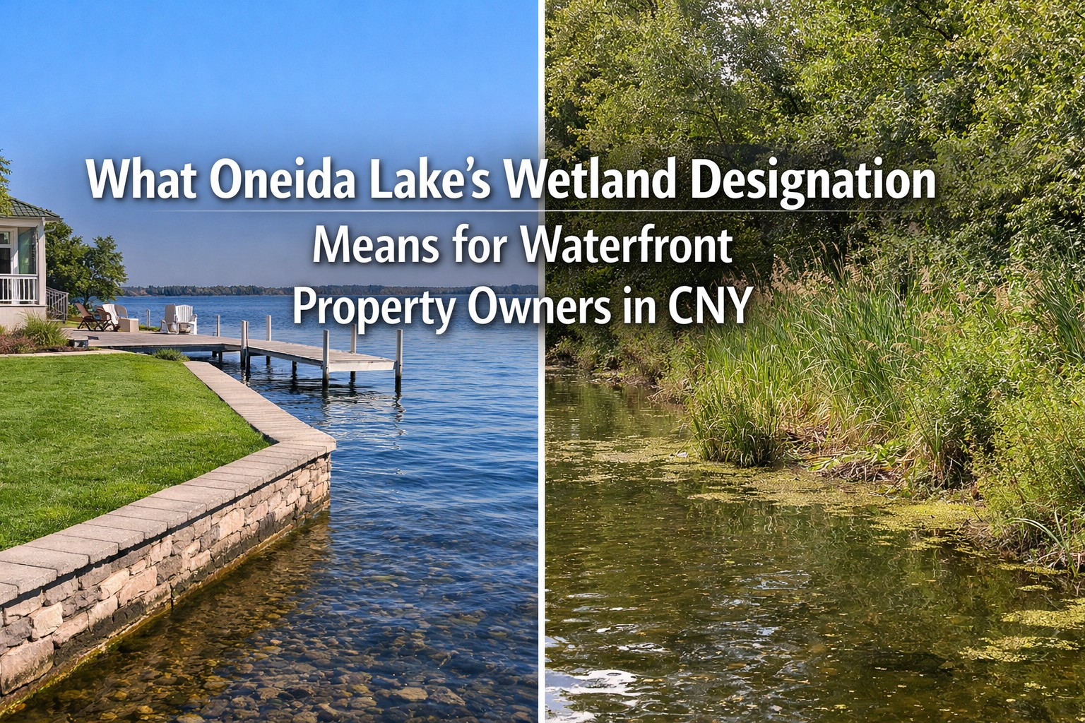 Split image of Central New York waterfront showing maintained shoreline with dock and overgrown shoreline illustrating wetland conditions on Oneida Lake