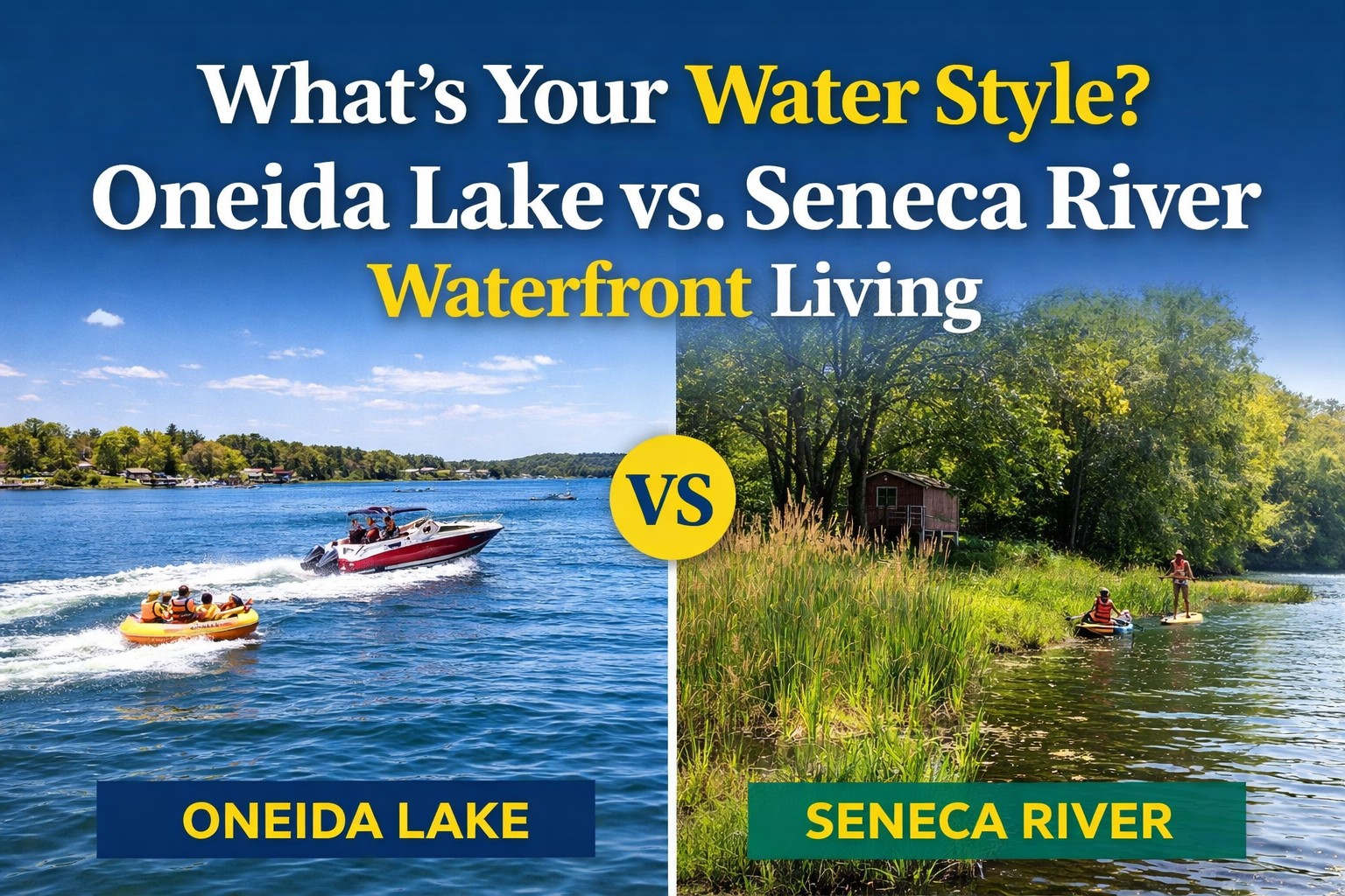 Comparison of Oneida Lake and Seneca River waterfront showing fast boating lake vs calm river with kayaking and cattails shoreline