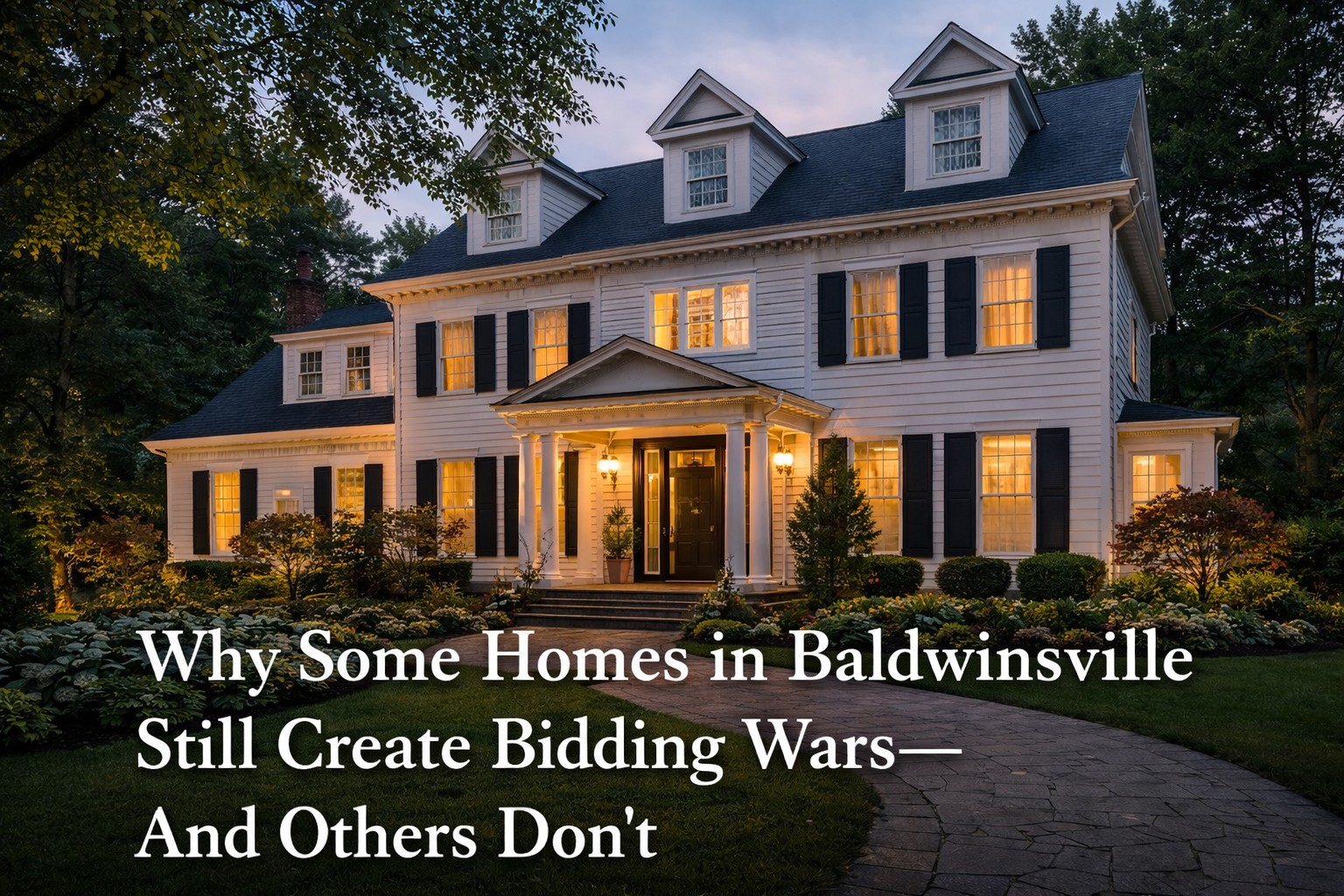 Baldwinsville NY home exterior at twilight illustrating how strategic pricing and presentation create stronger buyer demand
