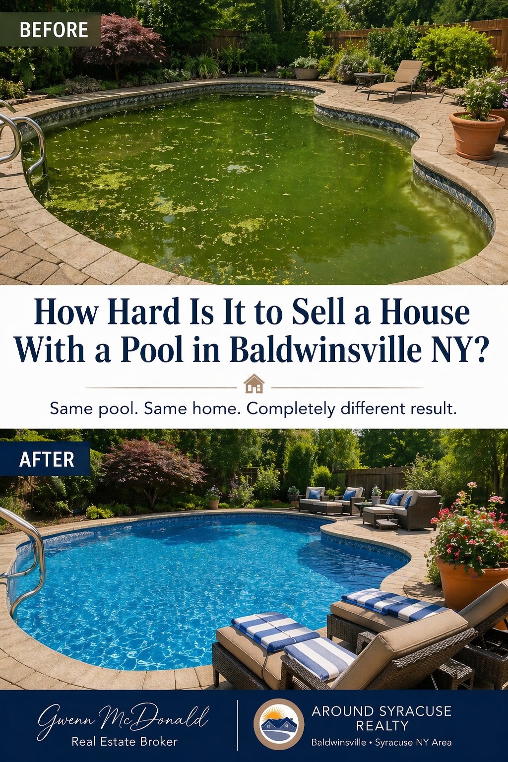 Before and after pool transformation in Baldwinsville NY showing green algae pool versus clean blue water to improve home sale presentation