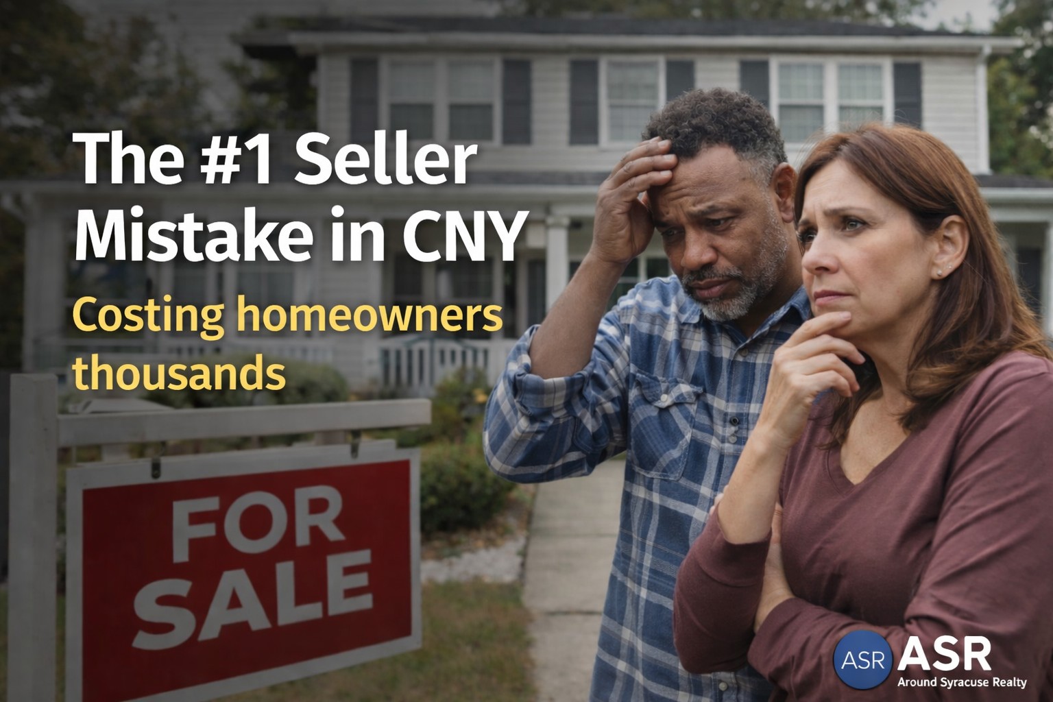 Middle-aged mixed-race couple looking worried in front of their home with a for sale sign in Central New York, representing common seller mistakes that can cost thousands before listing a home.